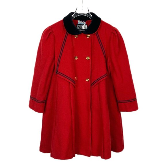 Vintage Miu Miu Girls Red Wool Blend Double-Breasted Coat W/ Velvet Collar & Bow - Picture 1 of 8